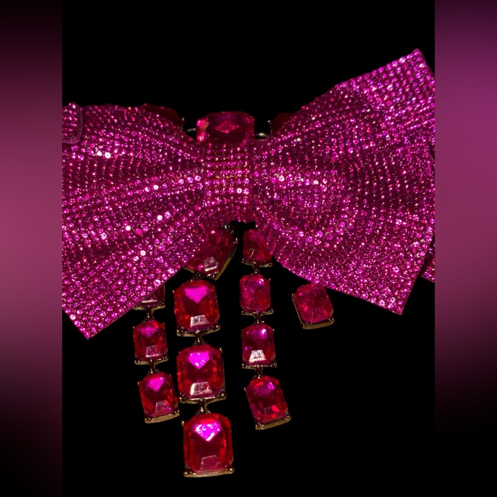 BETSEY JOHNSON SET Pink Pavé & Crystals Statement Bow Necklace & Earrings NWT - Picture 5 of 15